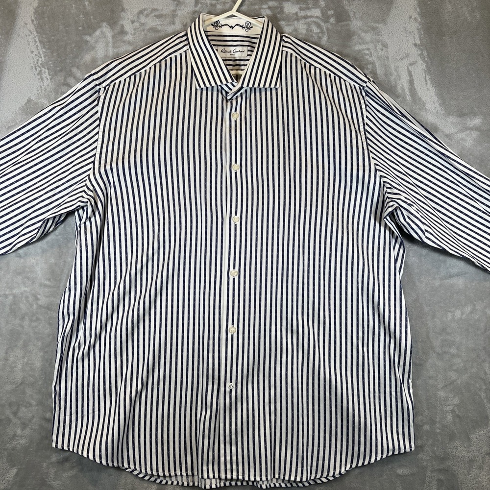 Robert Graham Button Down Shirt Mens 2XL Blue White Striped Jacquard Long Sleeve - Picture 6 of 12
